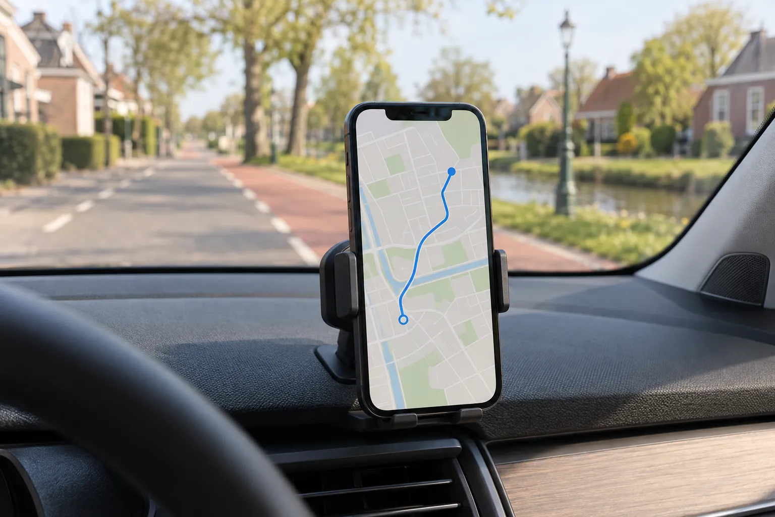 Smartphone in een houder op het dashboard met een routekaart: een telefoon-app registreert alleen ritten waarbij de telefoon meerijdt